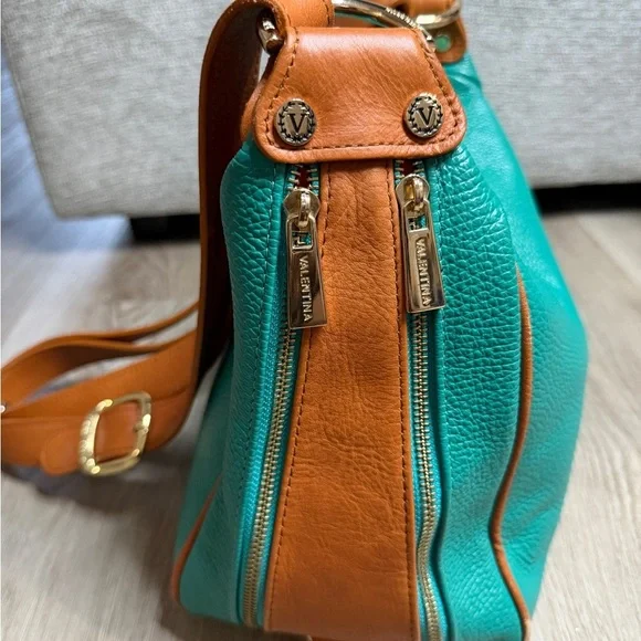 Valentina Teal and Brown Leather Shoulder Bag - Picture 9 of 16